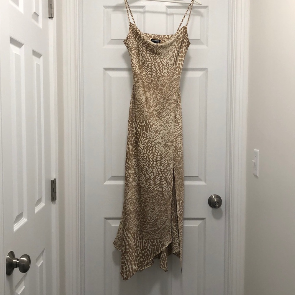 Express Satin Animal Print Cowl Neck Midi Slip Dress